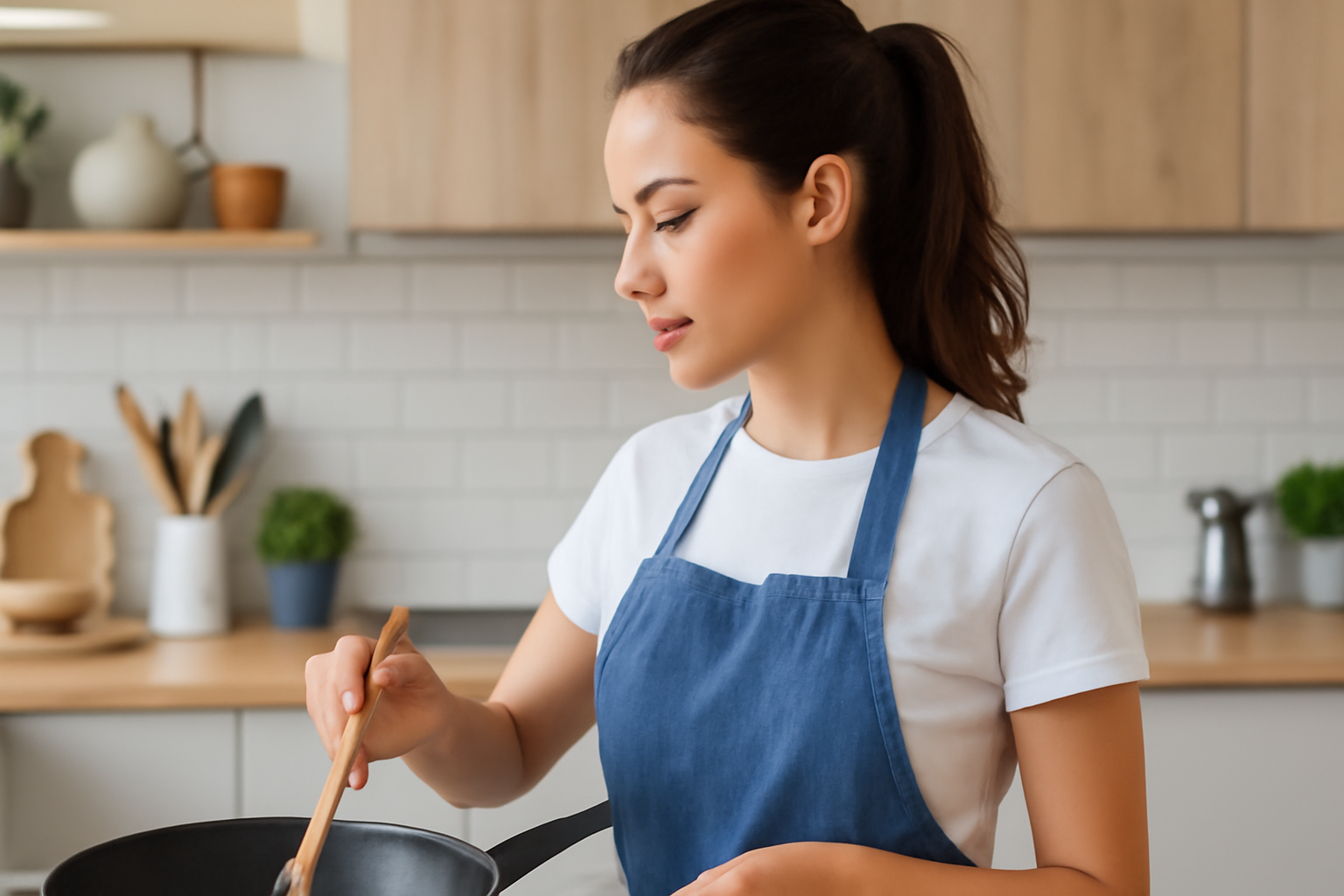 Woman cooking with apron.