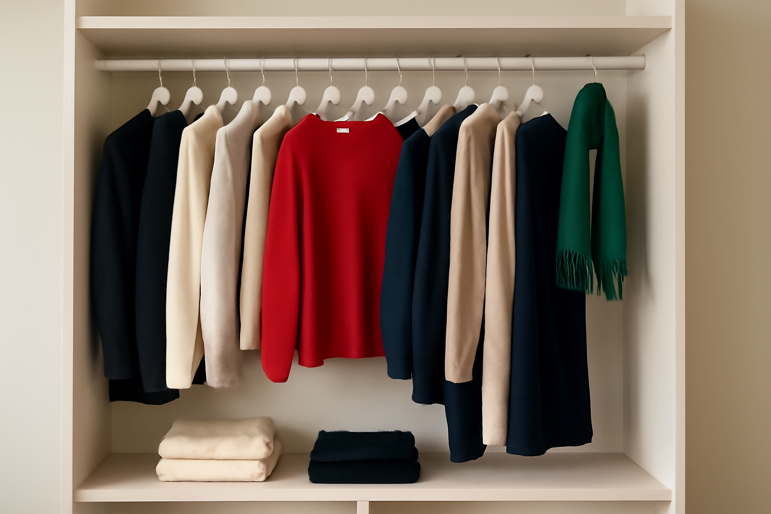 "Organized wardrobe with sweaters."