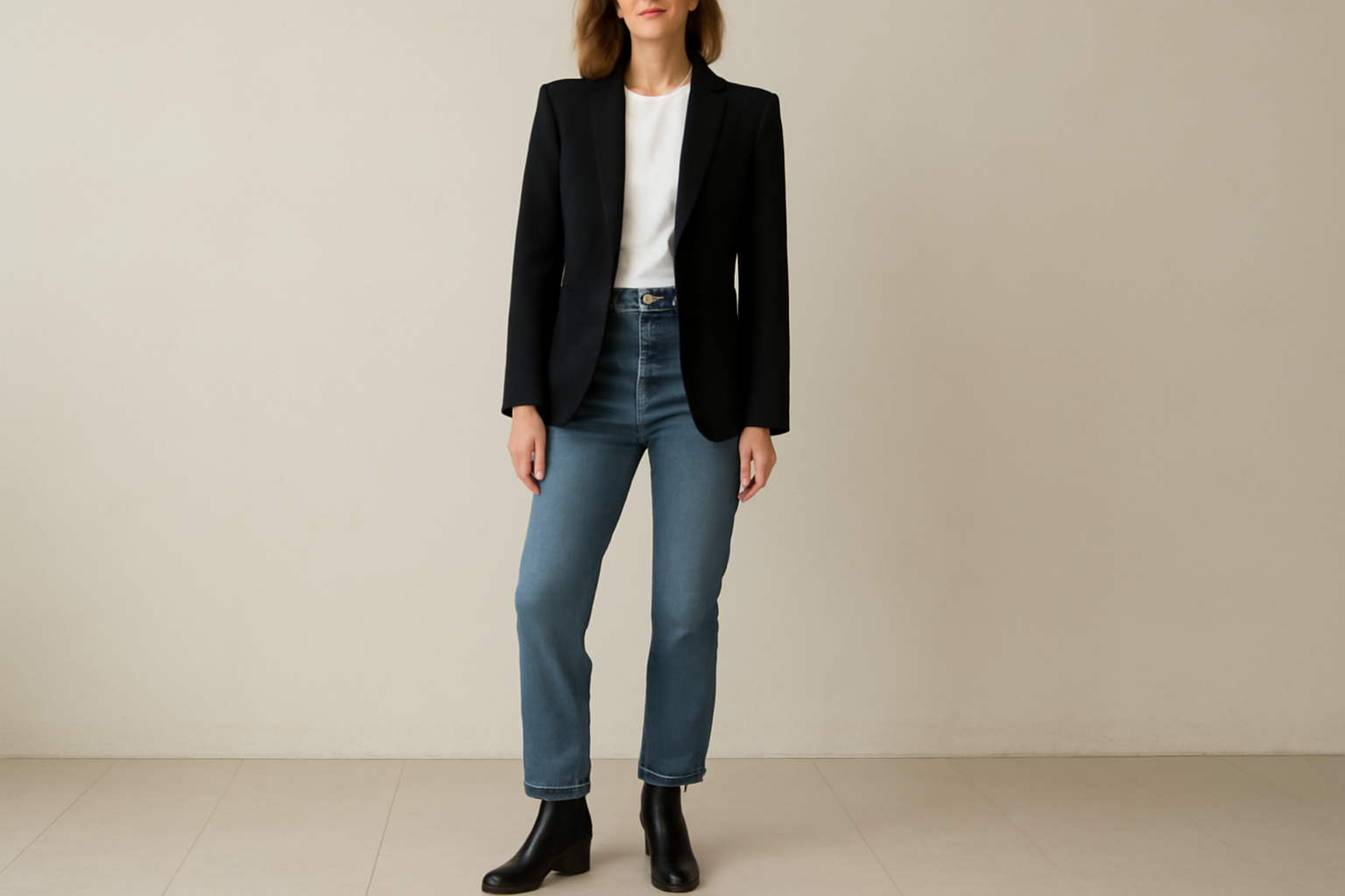  "Blazer and jeans outfit." 
