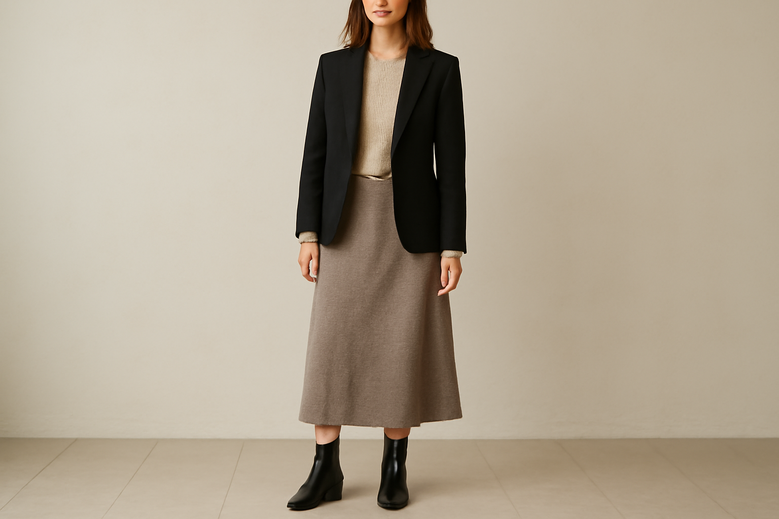  "Blazer and skirt outfit."