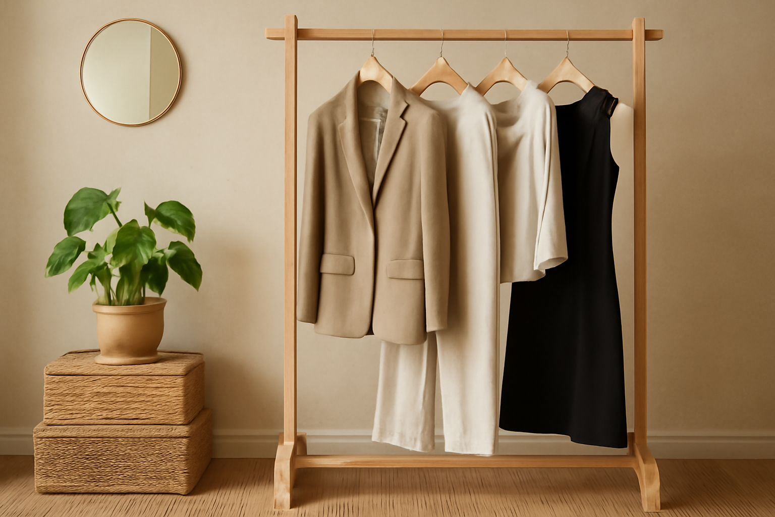 "Minimalist wardrobe with clothing." 