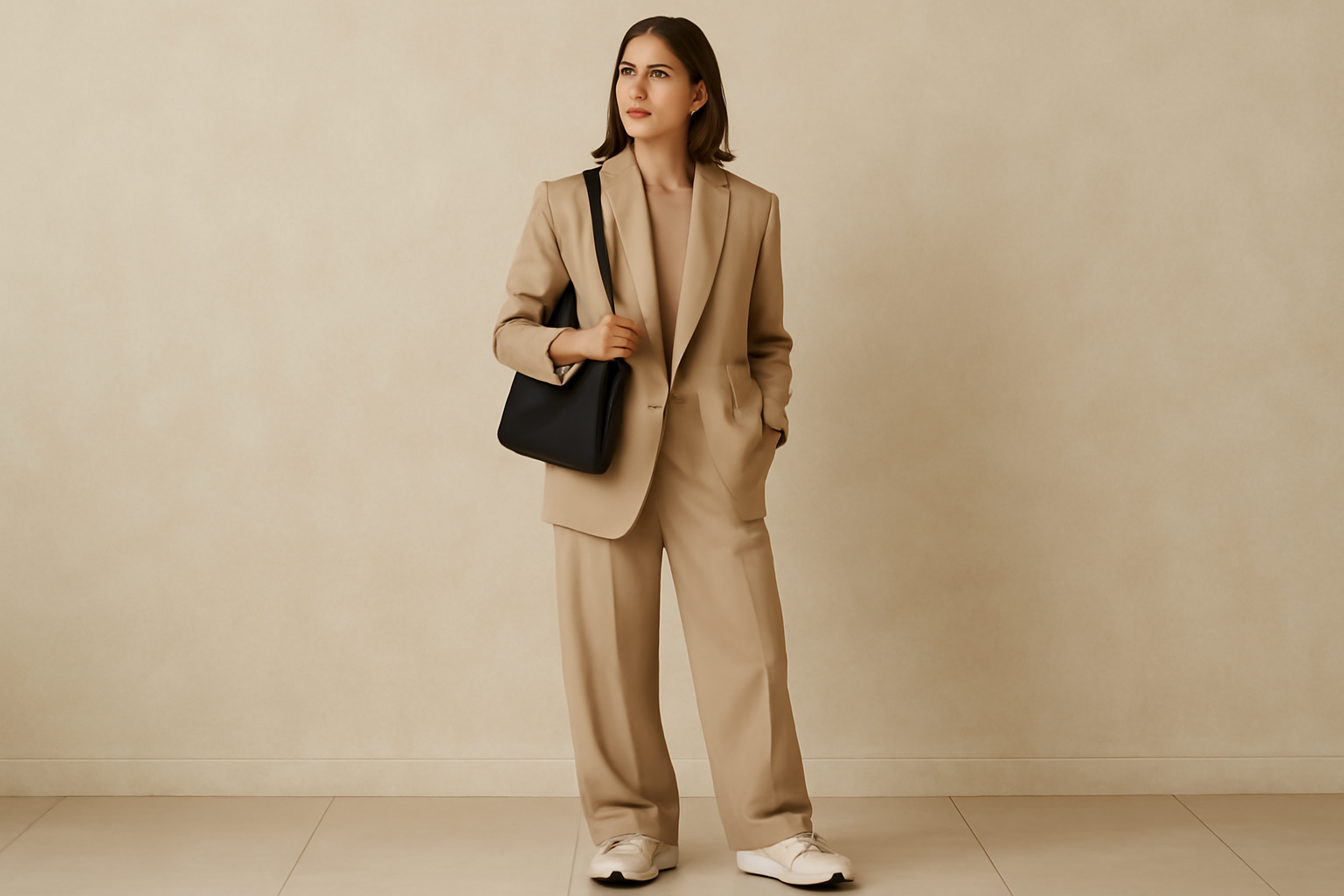 Beige suit with sneakers. 