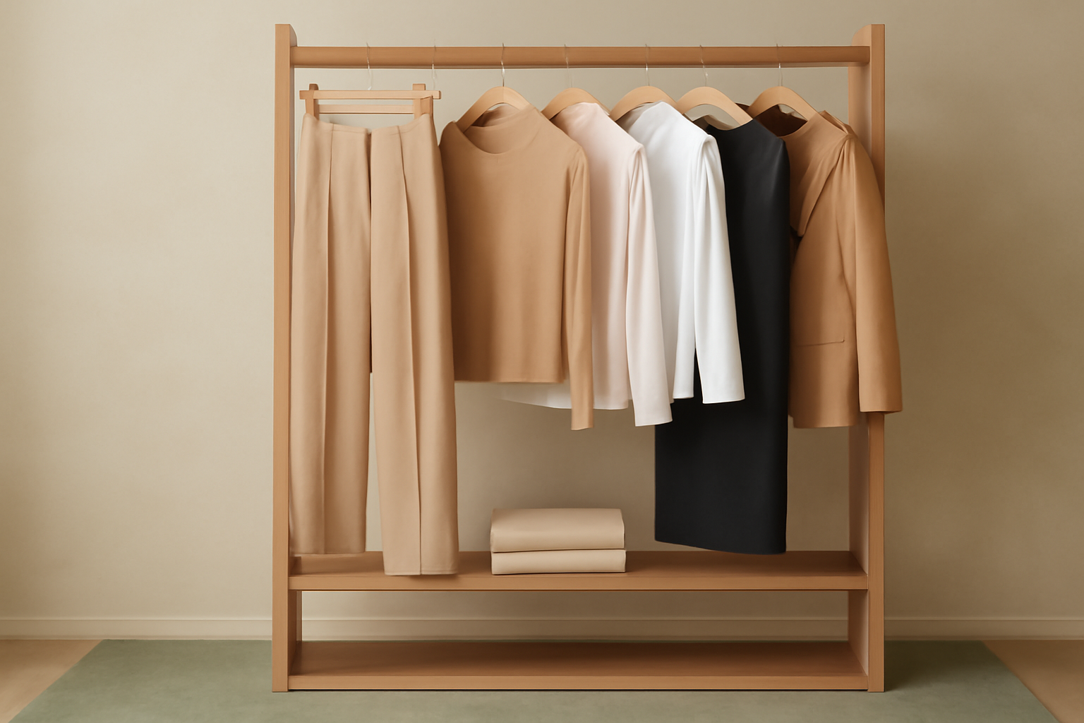 Neutral tone clothing rack. 