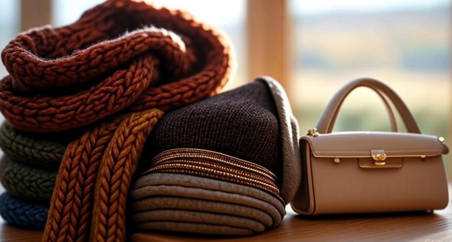 Chic autumn accessories display.