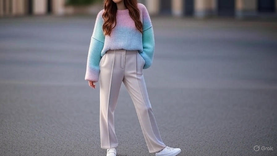 "Pastel sweater, beige trousers."