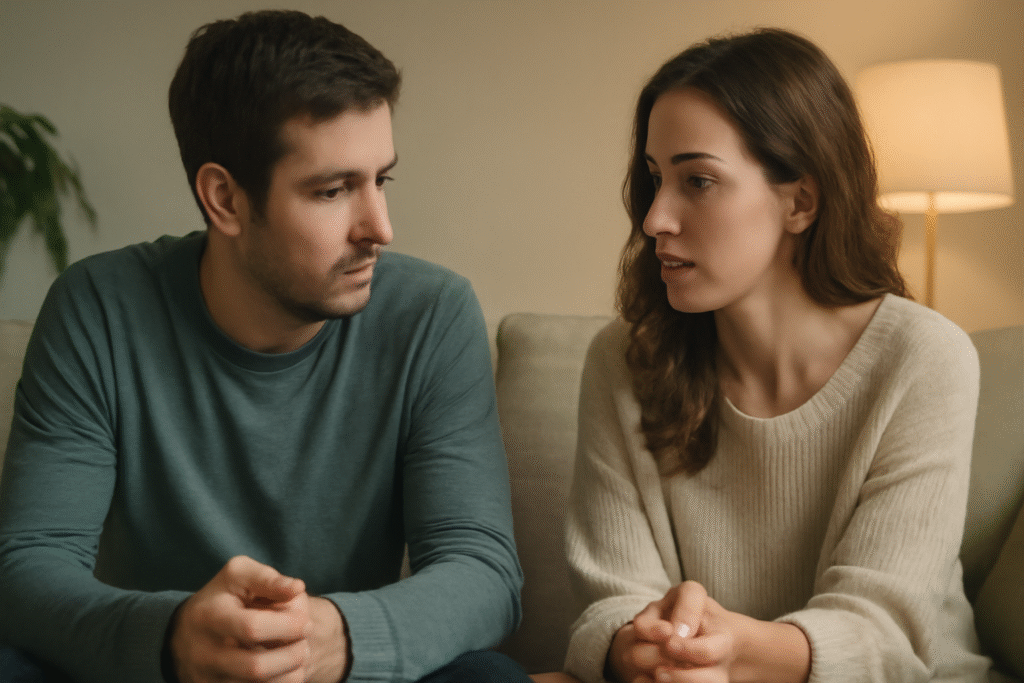 Couple on couch talking