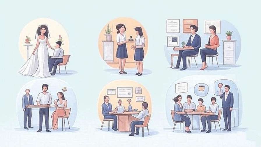 Diverse workplace and wedding 