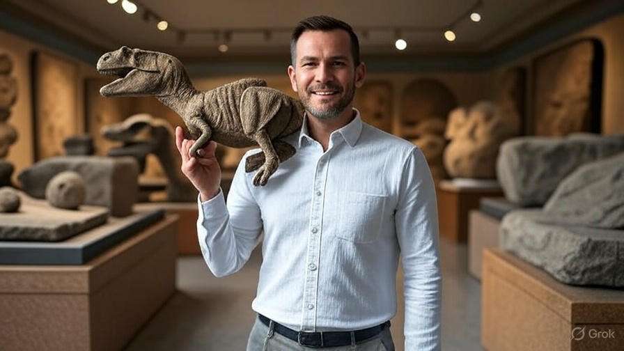 Man holding dinosaur model.