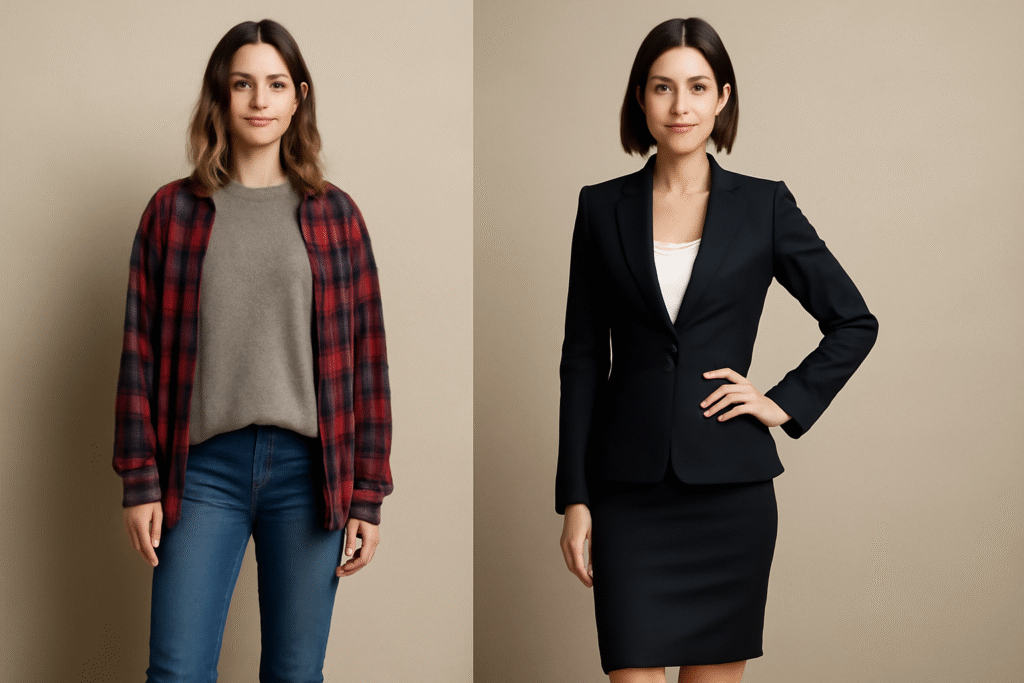 "Side-by-side comparison of two women, one dressed in 90s casual fashion (oversized sweater, flannel shirt, bootcut jeans) and the other in a modern office outfit (tailored blazer, pencil skirt), showcasing contrasting styles in a beige background."