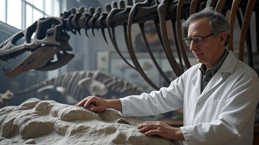 Paleontologist working on dinosaur skeleton in museum with fossil exhibits