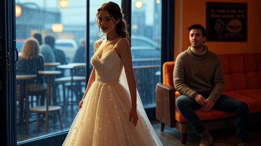 Rachel Green entering Central Perk in a wet wedding dress with Ross Geller gazing from afar, nostalgic Friends scene.