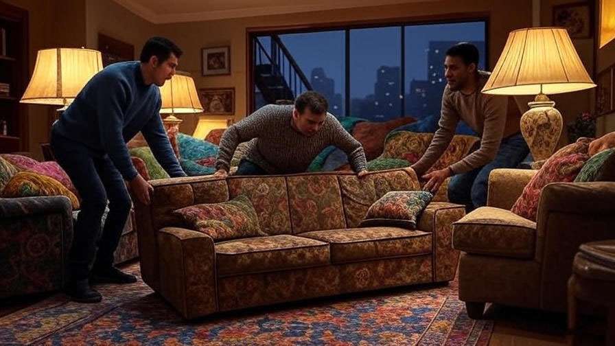Ross Geller struggling to move a couch in the iconic 'Pivot!' scene from Friends, set in a nostalgic 90s living room.