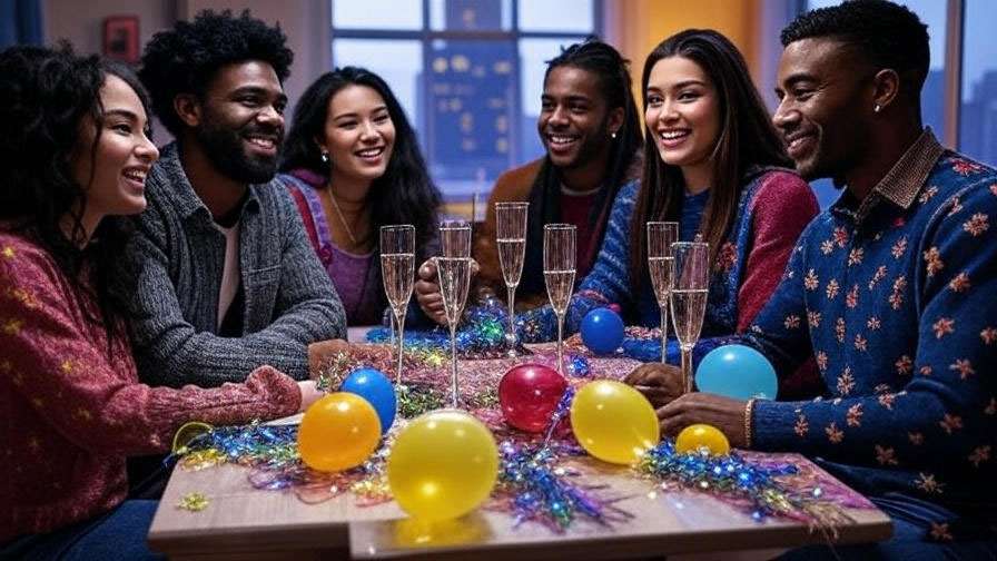Friends cast celebrating New Year’s Eve with emotional holiday vibes in nostalgic sitcom style. 