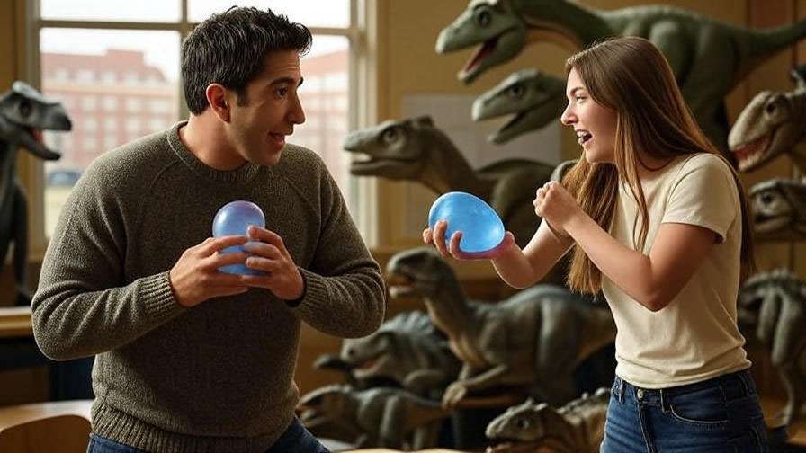 Ross Geller and Elizabeth in a playful water balloon fight scene from Friends, nostalgic college campus background.