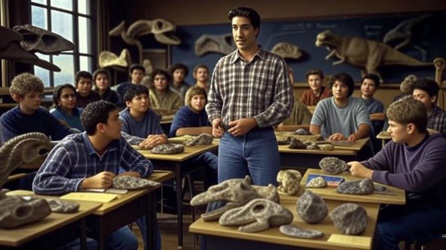 Ross Geller teaching paleontology in a 1990s classroom with dinosaur fossils