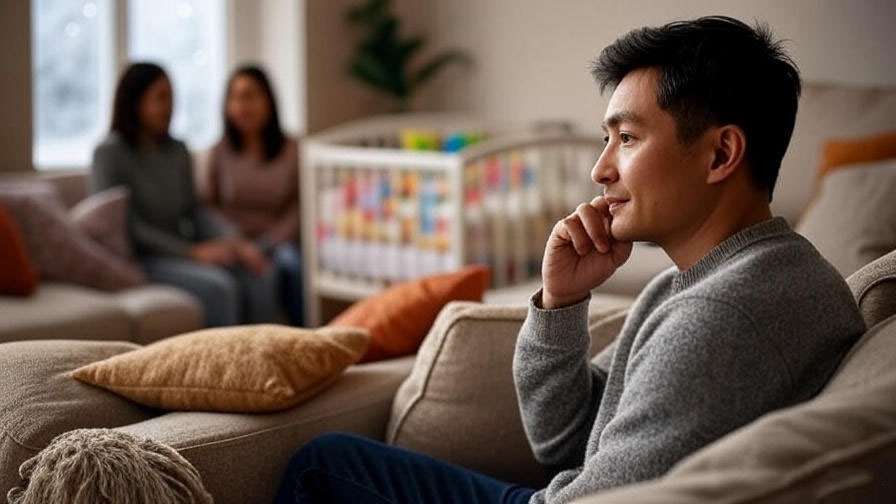 Cozy living room with man in gray sweater and baby crib representing Ross and Carol's marriage in Friends.