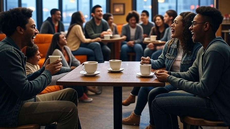 Cozy Central Perk coffee shop with friends chatting in a nostalgic 90s setting.