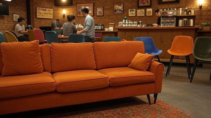 Interior of Stage 24 at Warner Bros. featuring the Central Perk set with orange couch and brick wall.
