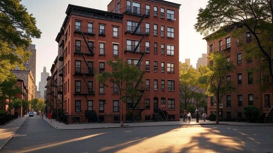 Classic red-brick building at 90 Bedford Street, Greenwich Village, NYC, featured in Friends, with a nostalgic 1990s vibe and Manhattan skyline.