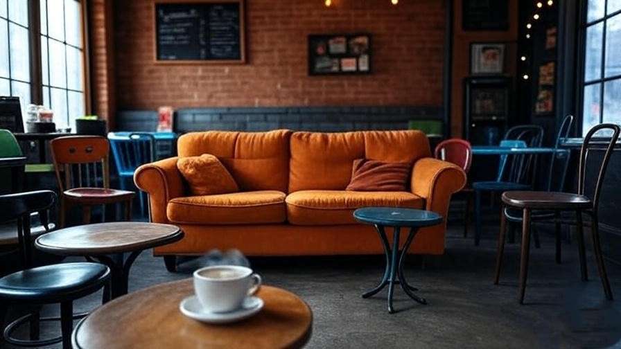 Cozy interior of a 1990s New York coffee shop resembling Central Perk from Friends, featuring an orange couch, brick wall, and warm lighting, in a 16:9 ratio. 