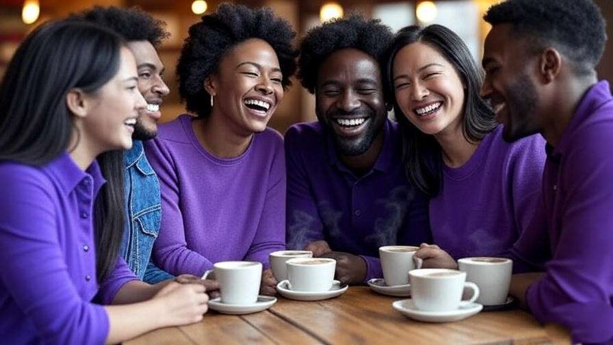 Cozy coffee shop scene with six friends laughing and bonding, emphasizing quality over quantity in friendships