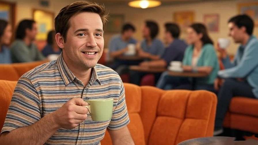  Chandler Bing sitting on the orange couch at Central Perk with a sarcastic smile in a 90s sitcom setting. 