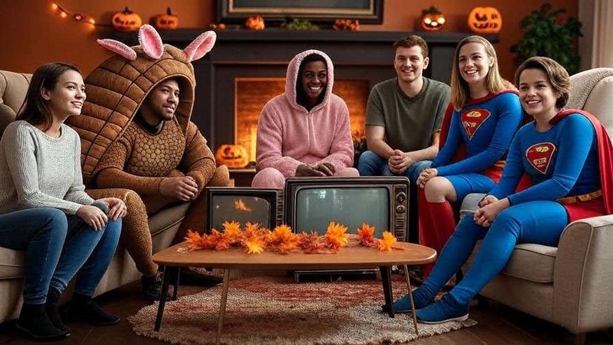 Friends in Halloween costumes watching TV in a cozy living room with pumpkins and lights.