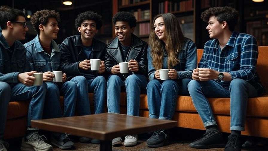Six friends on an orange couch in Central Perk, holding coffee mugs, 90s fashion, nostalgic vibe.