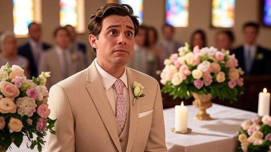 Nervous groom at a 90s sitcom wedding altar with floral decorations, representing Ross's iconic Emily wedding moment in Friends.