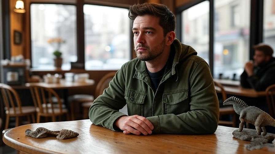 Ross Geller in a cozy coffee shop with dinosaur decor, reflecting his paleontologist charm from Friends.