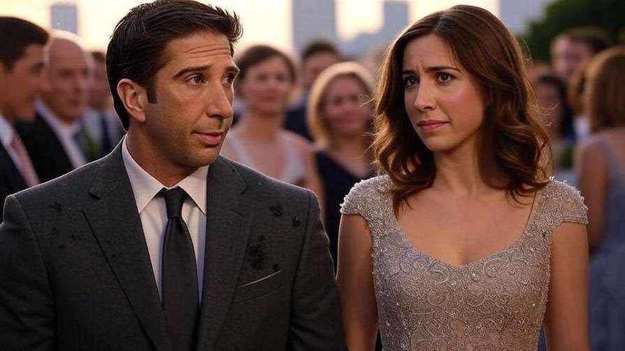 Ross Geller and Emily at a London wedding venue in Friends, capturing their emotional pre-wedding moment.