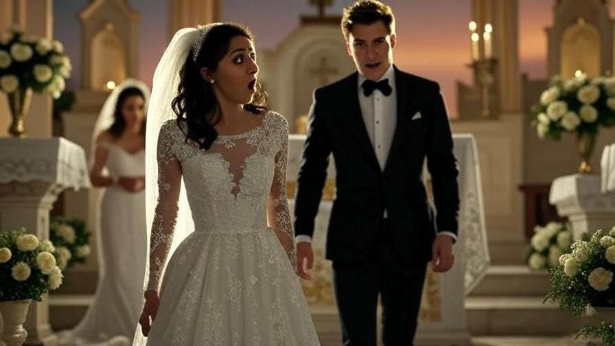 Dramatic wedding scene with man at altar and shocked bride representing Ross and Emily's marriage in Friends.