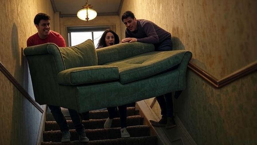 Friends Ross, Chandler, and Joey struggling with a couch in a pivot scene from the 90s TV show.