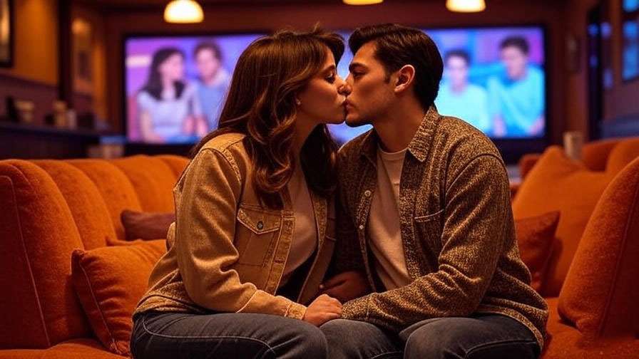 Rachel and Ross sharing their first kiss in Central Perk with a prom video background, iconic Friends moment.