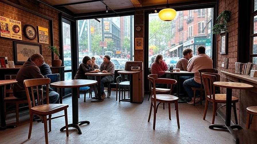 Cozy 1990s coffee shop interior inspired by Central Perk from Friends, with vintage furniture and warm lighting in Greenwich Village.
