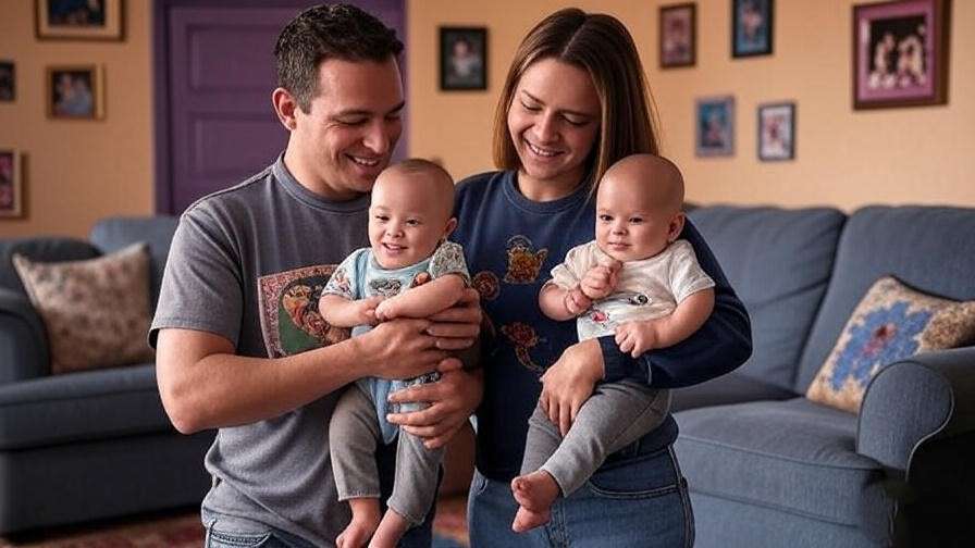 Monica and Chandler with twins in their Series 10 Friends apartment, nostalgic family scene