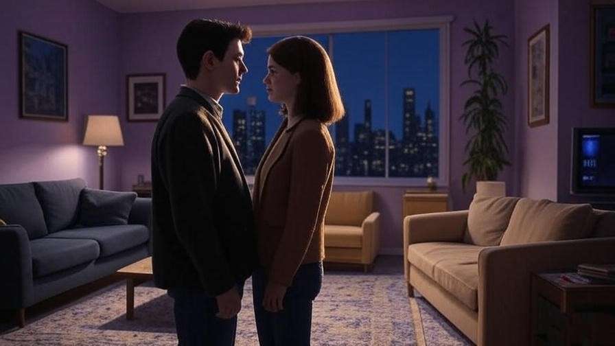 Romantic moment in a 1990s New York apartment inspired by Ross and Rachel from Friends, with a city skyline view and soft lighting, in a 16:9 ratio
