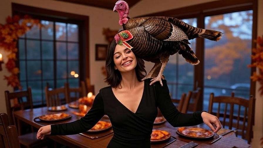 Monica dancing with a turkey on her head in a Thanksgiving setting from Friends