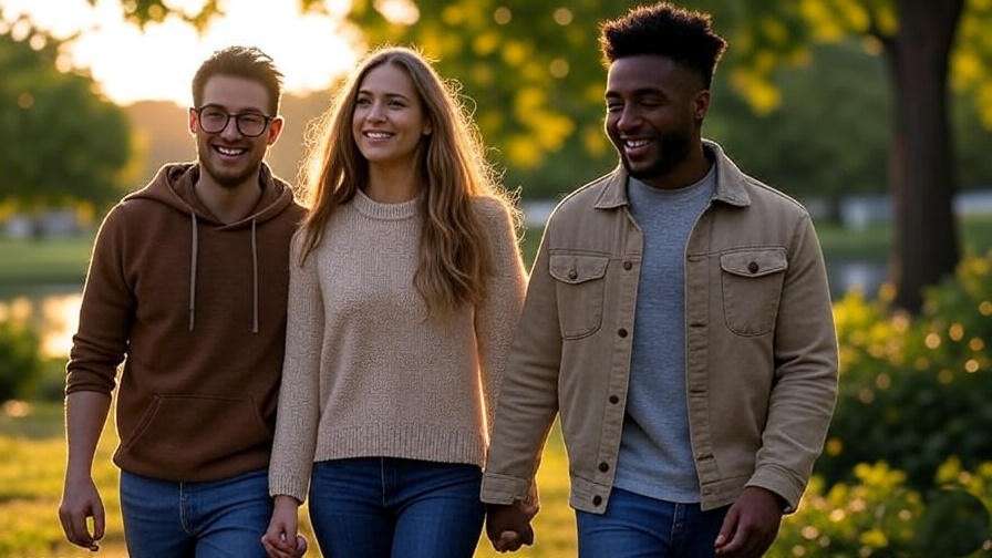 Three friends walking hand-in-hand in a park at sunset, highlighting the value of a small, trusted friend circle