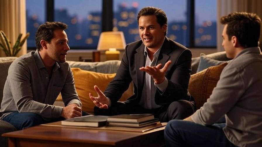 Man teaching another sophisticated manners in a stylish apartment, inspired by Ross and Joey from Friends.