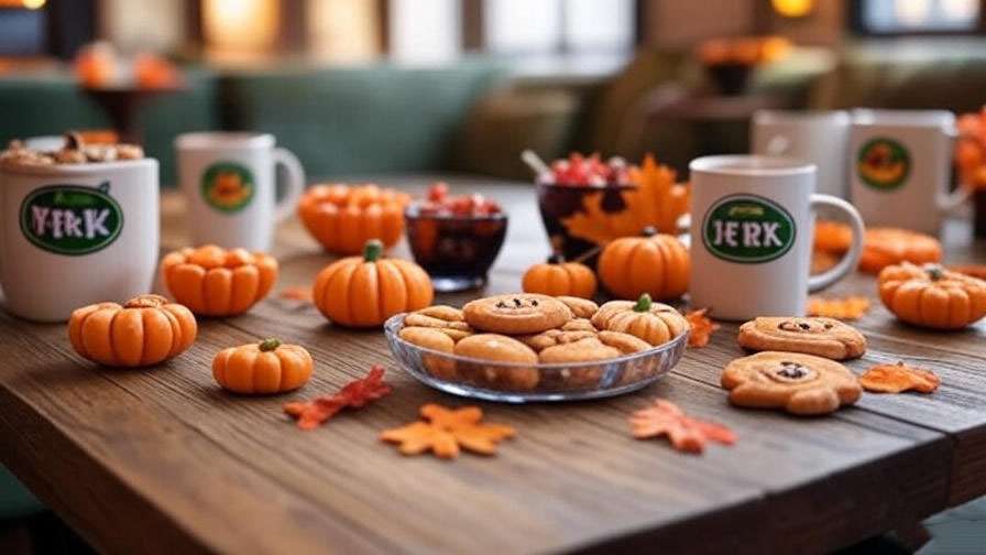 Table with Friends-inspired Halloween snacks and Central Perk decor featuring pumpkins and coffee mugs.