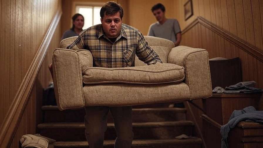 Ross Geller yelling 'Pivot!' while moving a couch with Rachel and Chandler in a 90s apartment