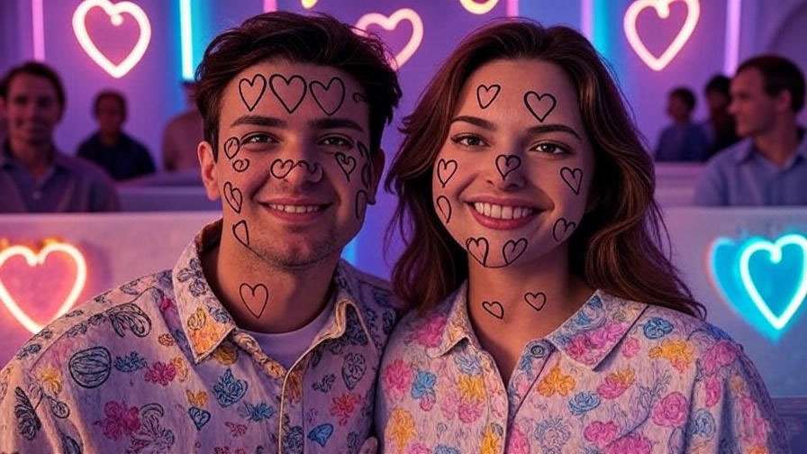Humorous Vegas chapel scene with a couple and heart decorations, depicting Ross and Rachel's spontaneous marriage in Friends.