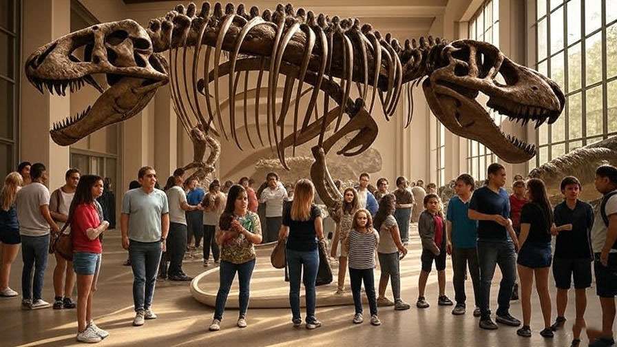 Crowd of science enthusiasts at dinosaur exhibit with T-Rex skeleton