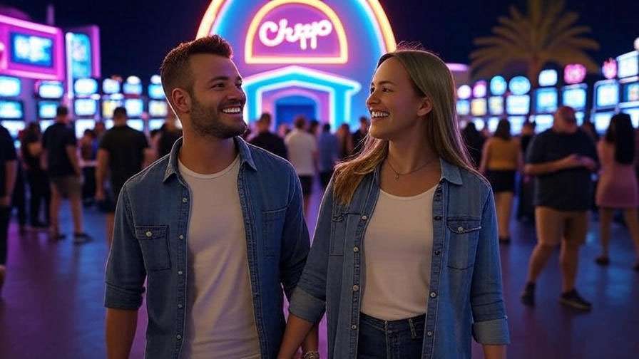 Vibrant Las Vegas night with man and woman near chapel symbolizing Ross and Rachel's wedding in Friends.