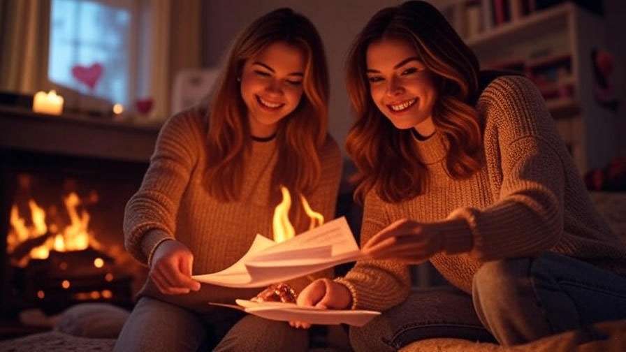 Monica and Rachel burning papers confidently in a cozy apartment with Valentine’s Day decorations.