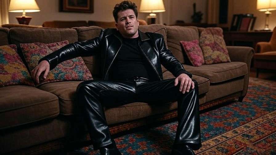 Ross Geller in his iconic leather pants from Friends, set in a nostalgic 90s apartment with vintage decor.
