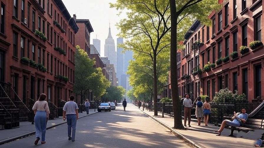 Nostalgic 1990s Greenwich Village street with brownstones and Manhattan skyline, perfect for a Friends-themed NYC trip.