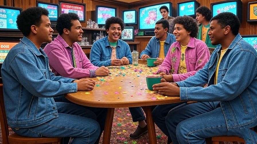 Friends cast celebrating syndication and streaming success with TV screens in Central Perk