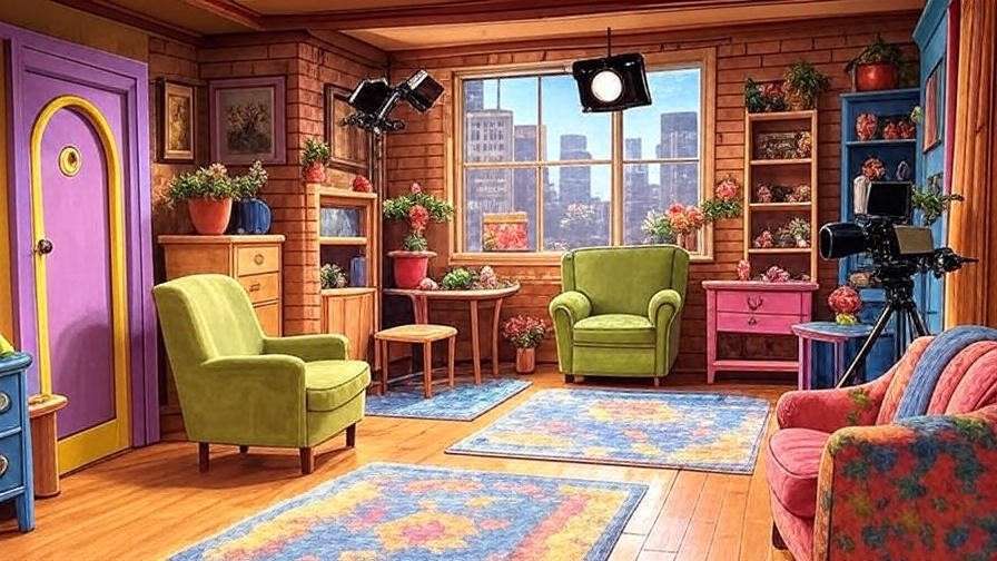 Empty 1990s sitcom soundstage inspired by Friends, featuring a cozy living room with a purple door and stage lights, in a 16:9 ratio